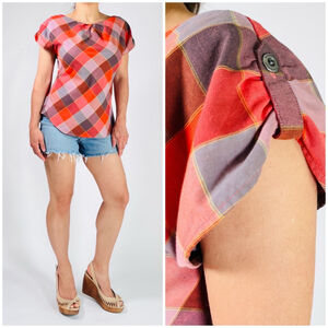 Patagonia Red Orange Plaid Checkered Fitted Pleated Top Shirt Organic Cotton 8